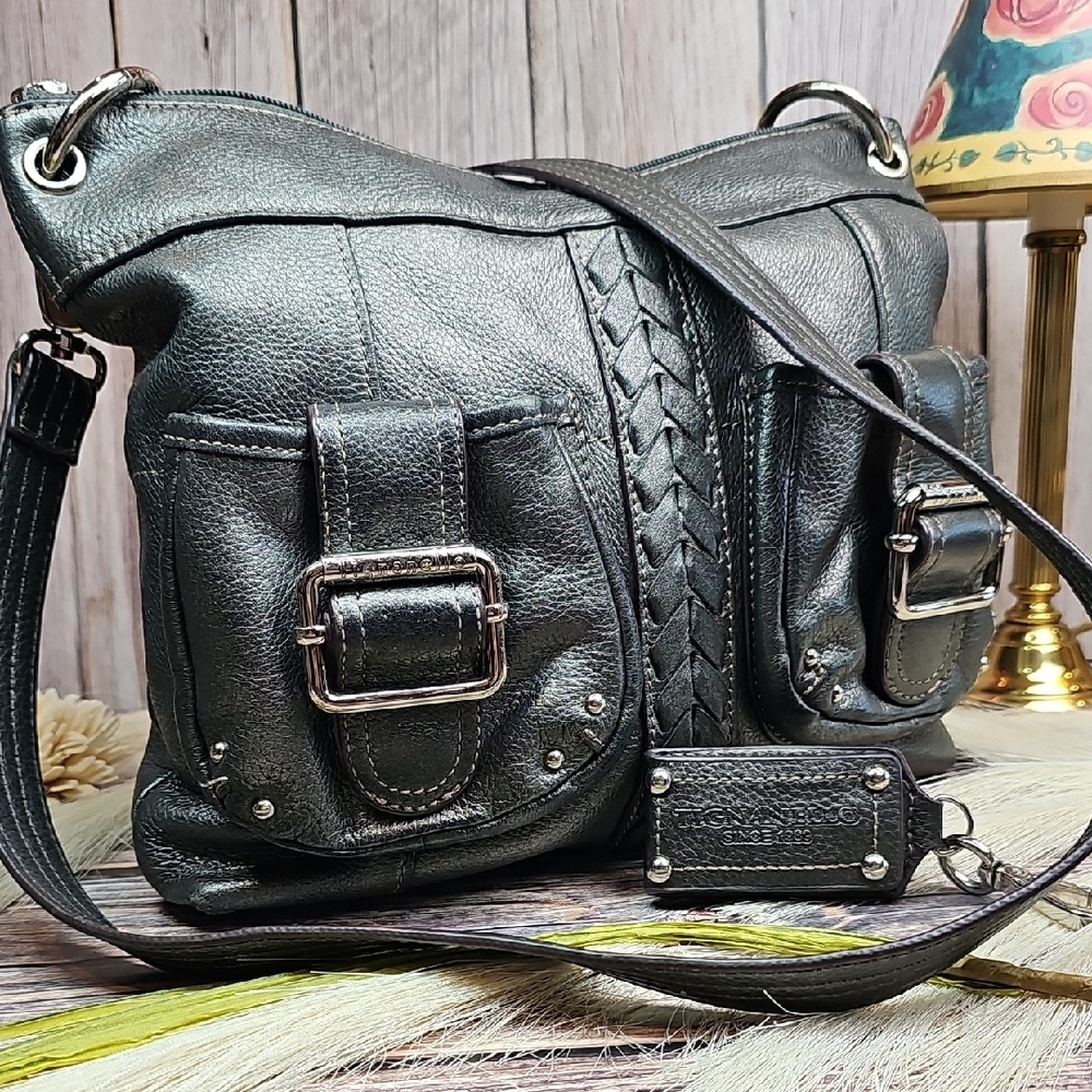 TIGNANELLO METALLIC PEWTER PEBBLED LEATHER LINED SHOULDER BAG & KEYCHAIN MIRROR